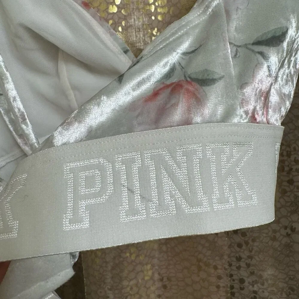 PINK Victorias Secret White Floral Velvet Triangle Strappy Bralette Small‎ NWT